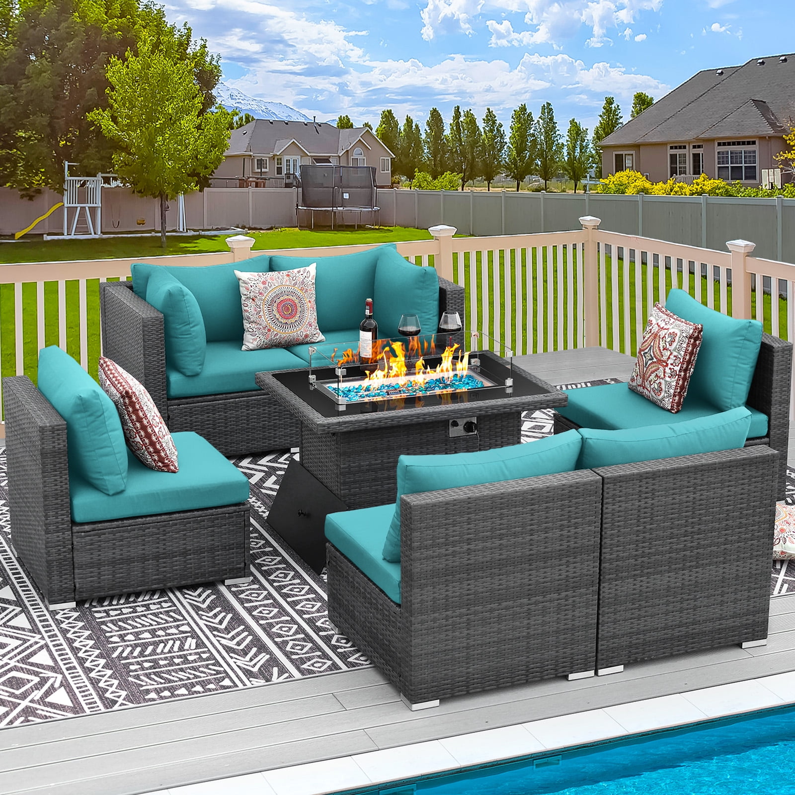 NICESOUL Modern Luxury 29.3 High Back Extra Large Size Rattan Patio Furniture Sectional Sofa Sets with Gas Propane Fire Pit Table Outdoor Conversation Sets with Firepit 7 Pieces Aqua Cushion Walmart.c...