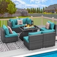 thumbnail image 1 of RADIATA 7-Piece Patio Furniture Set with Fire Pit Table – Modern Luxury 29.3'' High Back Patio Furniture Sectional, Outdoor Sectional with Fire Pit for Backyard Conversation & Lounge Aqua Cushion, 1 of 10