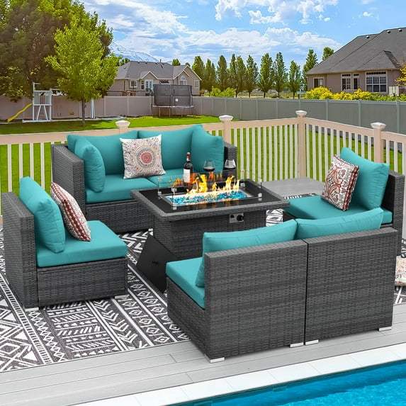 RADIATA 7-Piece Patio Furniture Set with Fire Pit Table – Modern Luxury 29.3'' High Back Patio Furniture Sectional, Outdoor Sectional with Fire Pit for Backyard Conversation & Lounge Aqua Cushion