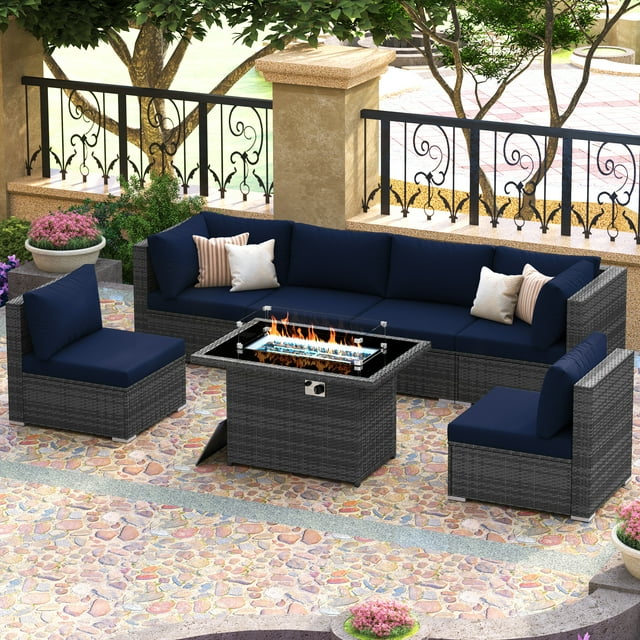 RADIATA 7-Piece Patio Set with Fire Pit Table - Outdoor Furniture ...
