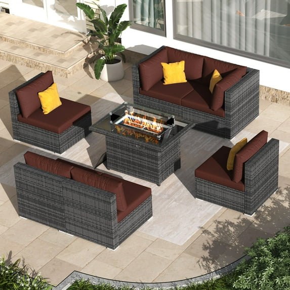 RADIATA 7-Piece Patio Furniture Set with Fire Pit Table – Modern Luxury 29.3'' High Back Patio Furniture Sectional, Outdoor Sectional with Fire Pit for Backyard Conversation & Lounge Burgundy Cushion