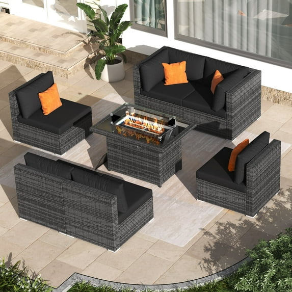 RADIATA 7-Piece Patio Furniture Set with Fire Pit Table – Modern Luxury 29.3'' High Back Patio Furniture Sectional, Outdoor Sectional with Fire Pit for Backyard Conversation & Lounge Black