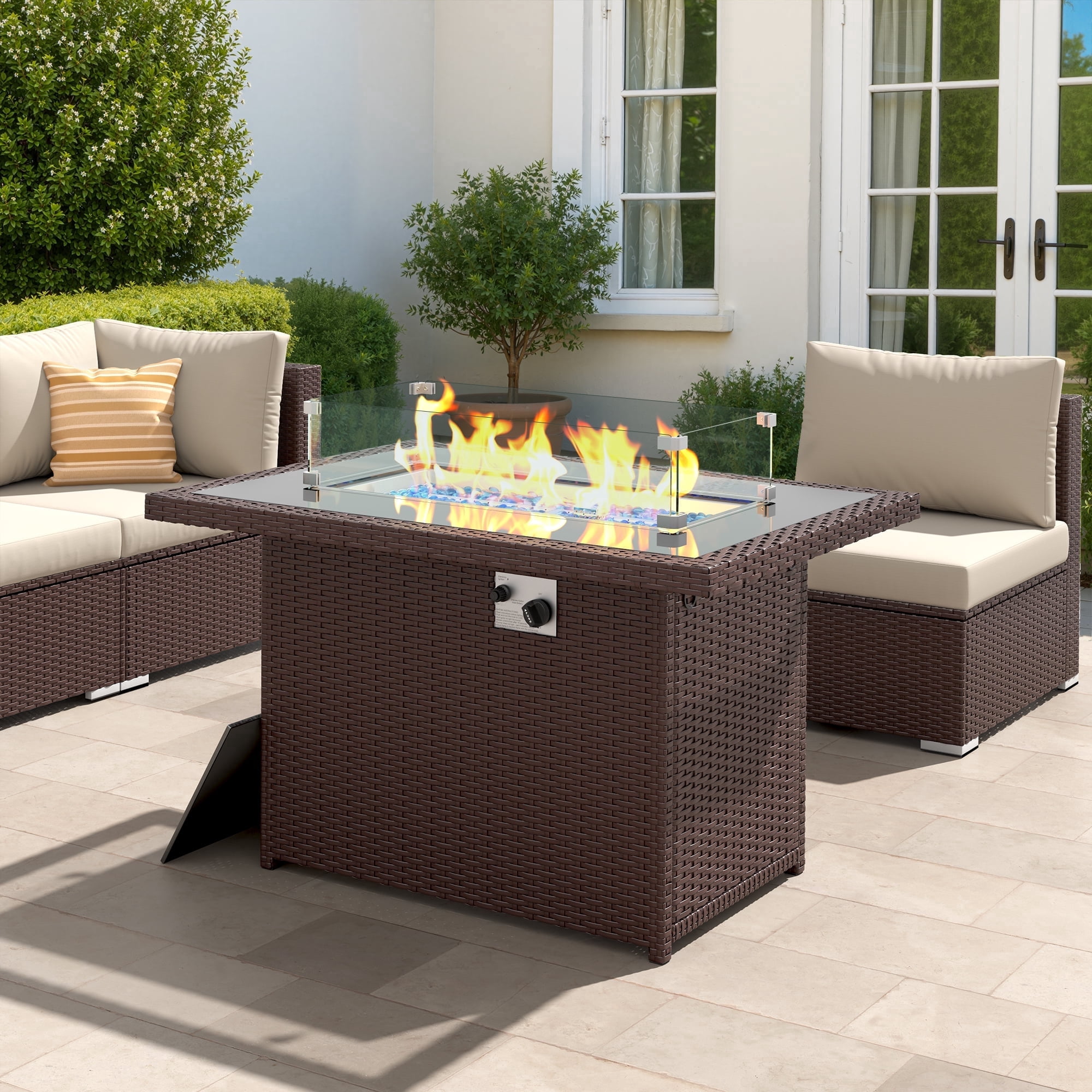 RADIATA 43" Wicker Propane Fire Pit Table, 60000 BTU Outdoor Rectangle Gas Firepit with Wind Guard, Glass Rocks & Cover, CSA Certified Patio Fire Table for Backyard Deck Garden, Brown