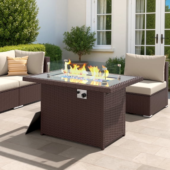 RADIATA 43" Wicker Propane Fire Pit Table, 60000 BTU Outdoor Rectangle Gas Firepit with Wind Guard, Glass Rocks & Cover, CSA Certified Patio Fire Table for Backyard Deck Garden, Brown