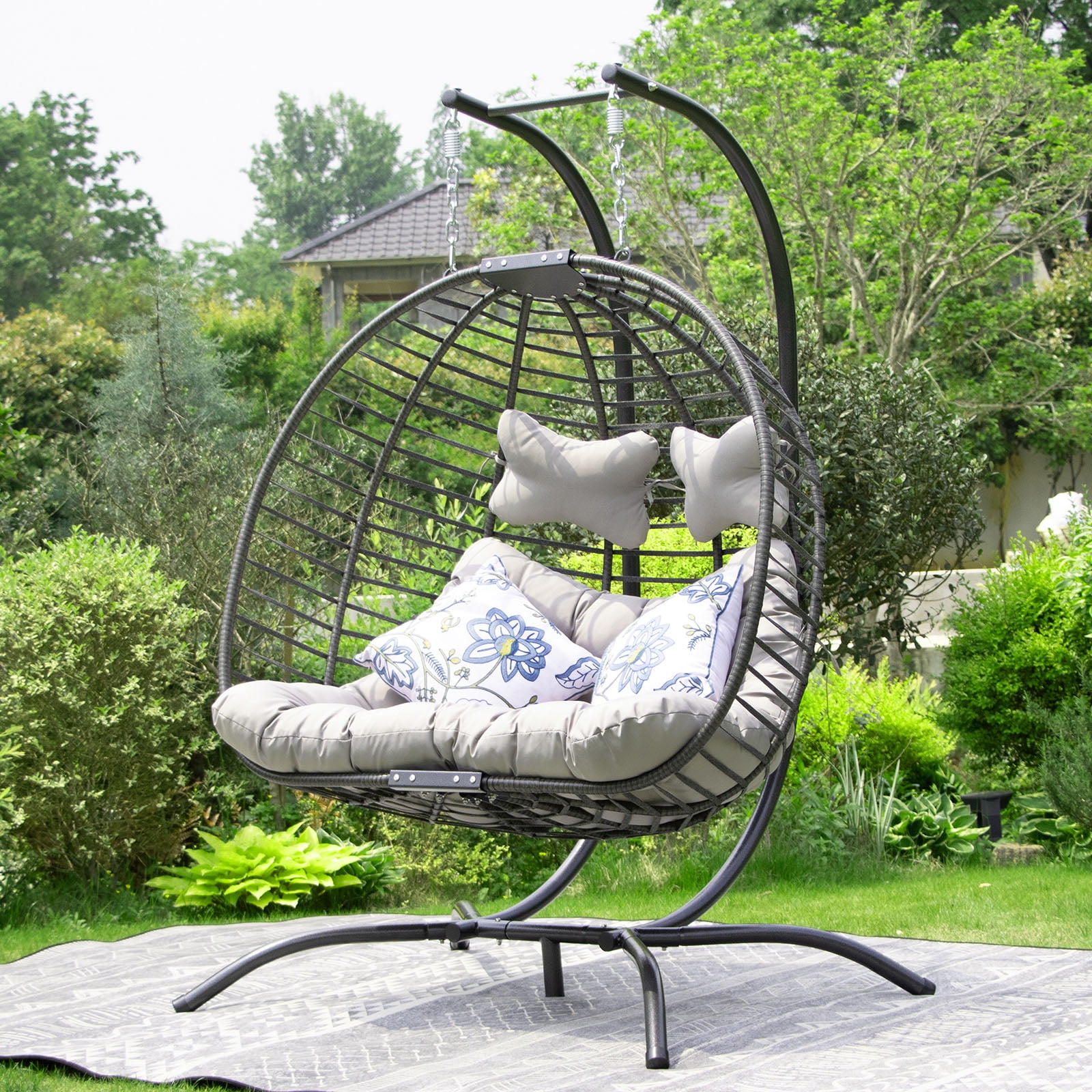 NICESOUL Outdoor Double Hanging Egg Chair with Stand PE Wicker ...