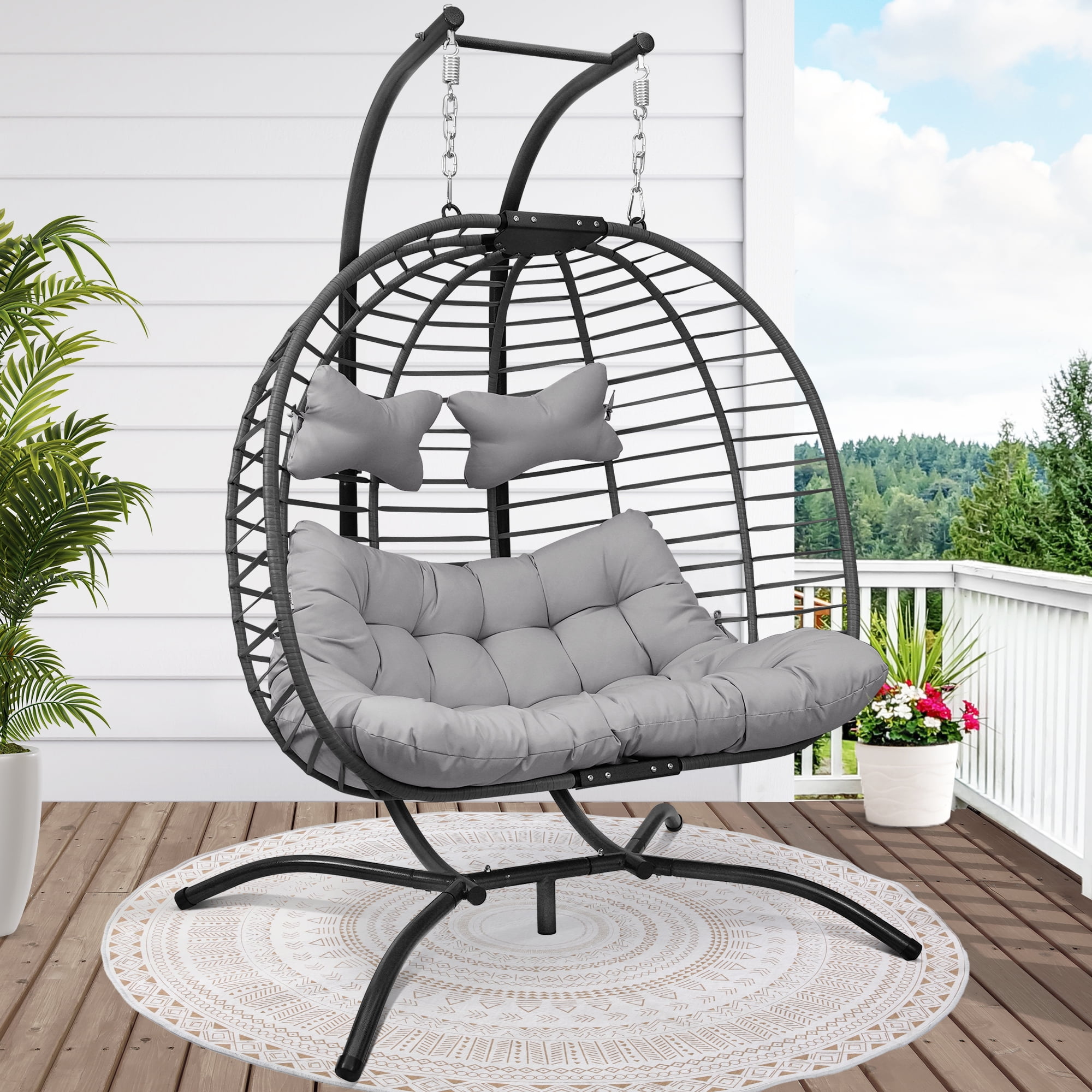 Gray Double Glider Outdoor Egg Chair with Cushions