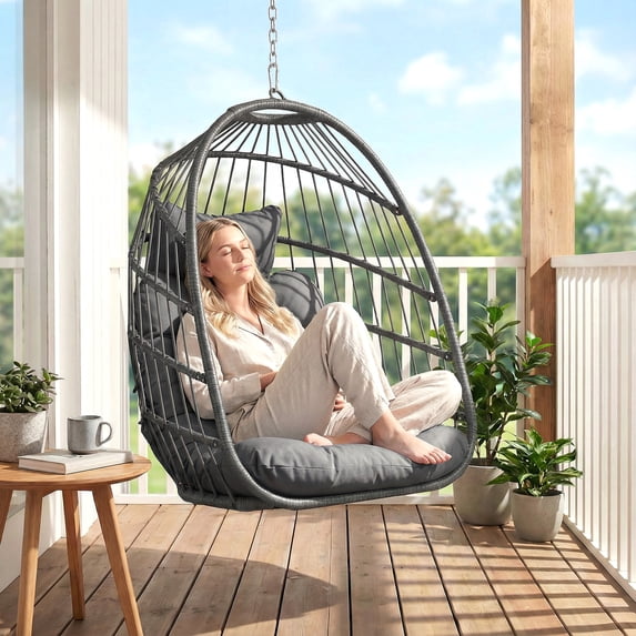 RADIATA Hanging Egg Chair Without Stand, Dark Gray Wicker Swing Egg Chair with Cushion, 350 lbs Capacity, Indoor Outdoor Ceiling or Tree Hanging Chair for Patio, Bedroom, Porch