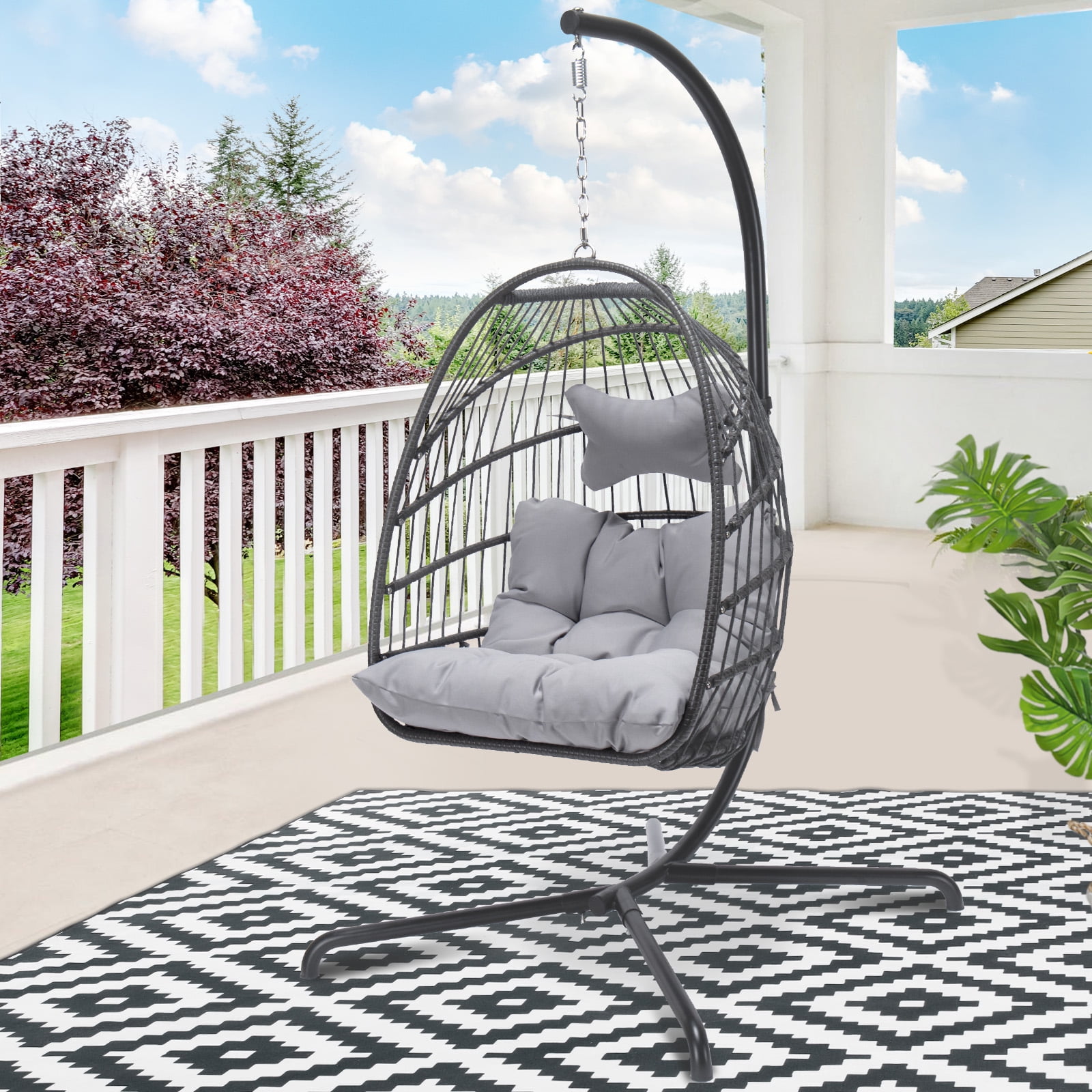 RADIATA Outdoor Indoor Light Gray Swing Egg Chair with Stand Wicker Hanging Egg Chair 350lbs Max