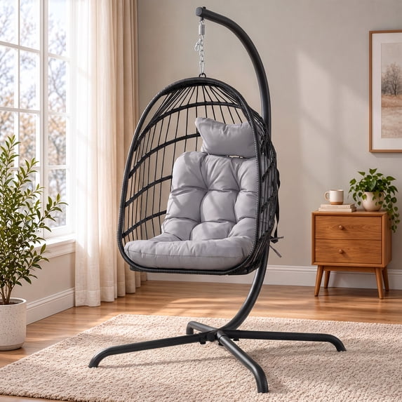 RADIATA Outdoor Indoor Light Gray Swing Egg Chair with Stand Wicker Hanging Egg Chair 350lbs Max