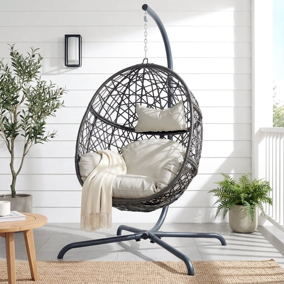 RADIATA Hanging Egg Chair with Stand, Outdoor Indoor Wicker Swing Chair, 450Lbs Nest Chair with Cushions, All-Weather Patio Hammock Seat for Porch Balcony Garden, Beige
