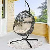 NICESOUL Outdoor Indoor Oversized Black Hanging Swing Nest Egg Chair with Stand and Big Beige Set