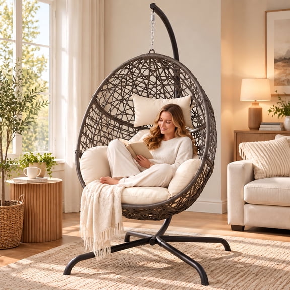 RADIATA Hanging Egg Chair with Stand, Outdoor Indoor Wicker Swing Chair, 350Lbs Nest Chair with Cushions, All-Weather Patio Hammock Seat for Porch Balcony Garden, Beige
