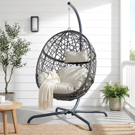 RADIATA Hanging Egg Chair with Stand, Outdoor Indoor Wicker Swing Chair, 450Lbs Nest Chair with Cushions, All-Weather Patio Hammock Seat for Porch Balcony Garden, Beige