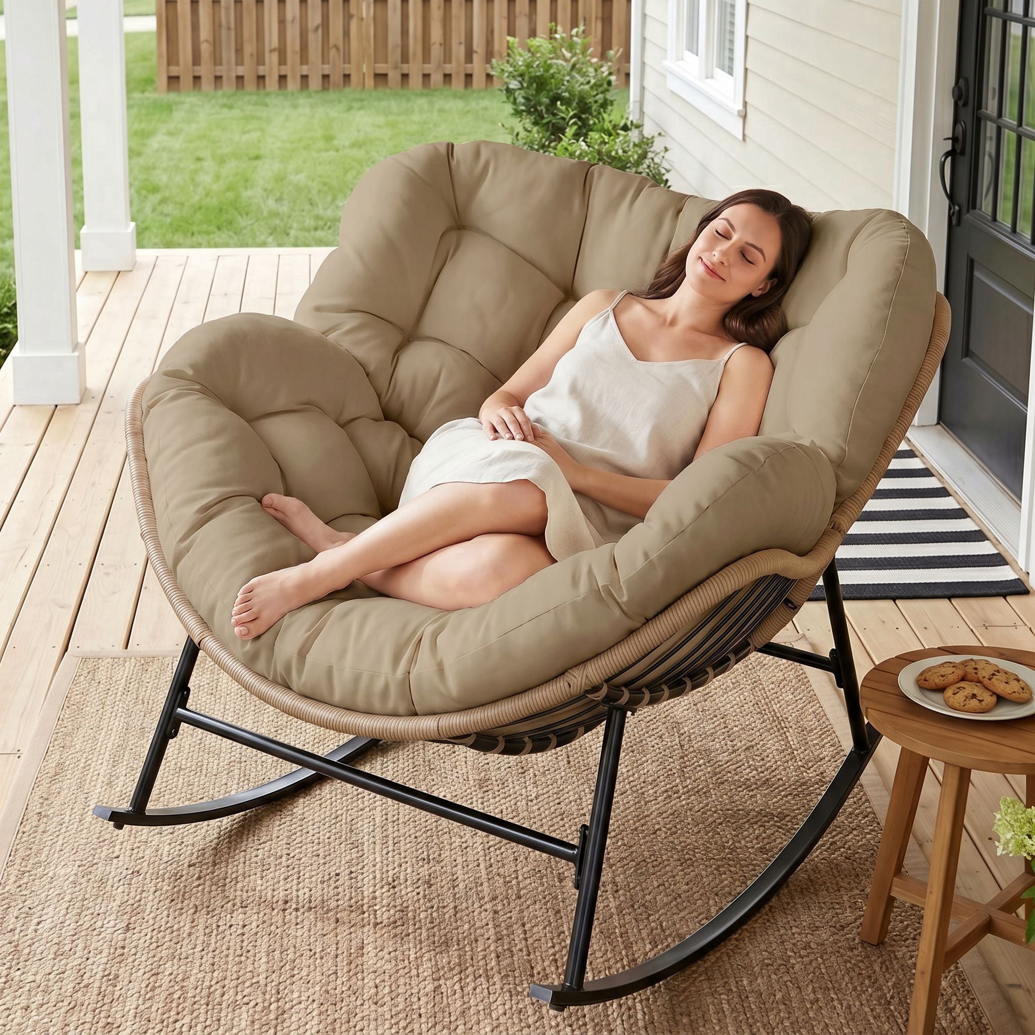 RADIATA Oversized Outdoor Papasan Rocking Chair, Indoor Outdoor Heavy Duty Wicker Patio Egg Rocking Chair with 5.1 Cushion, 450lbs Capacity, Brown