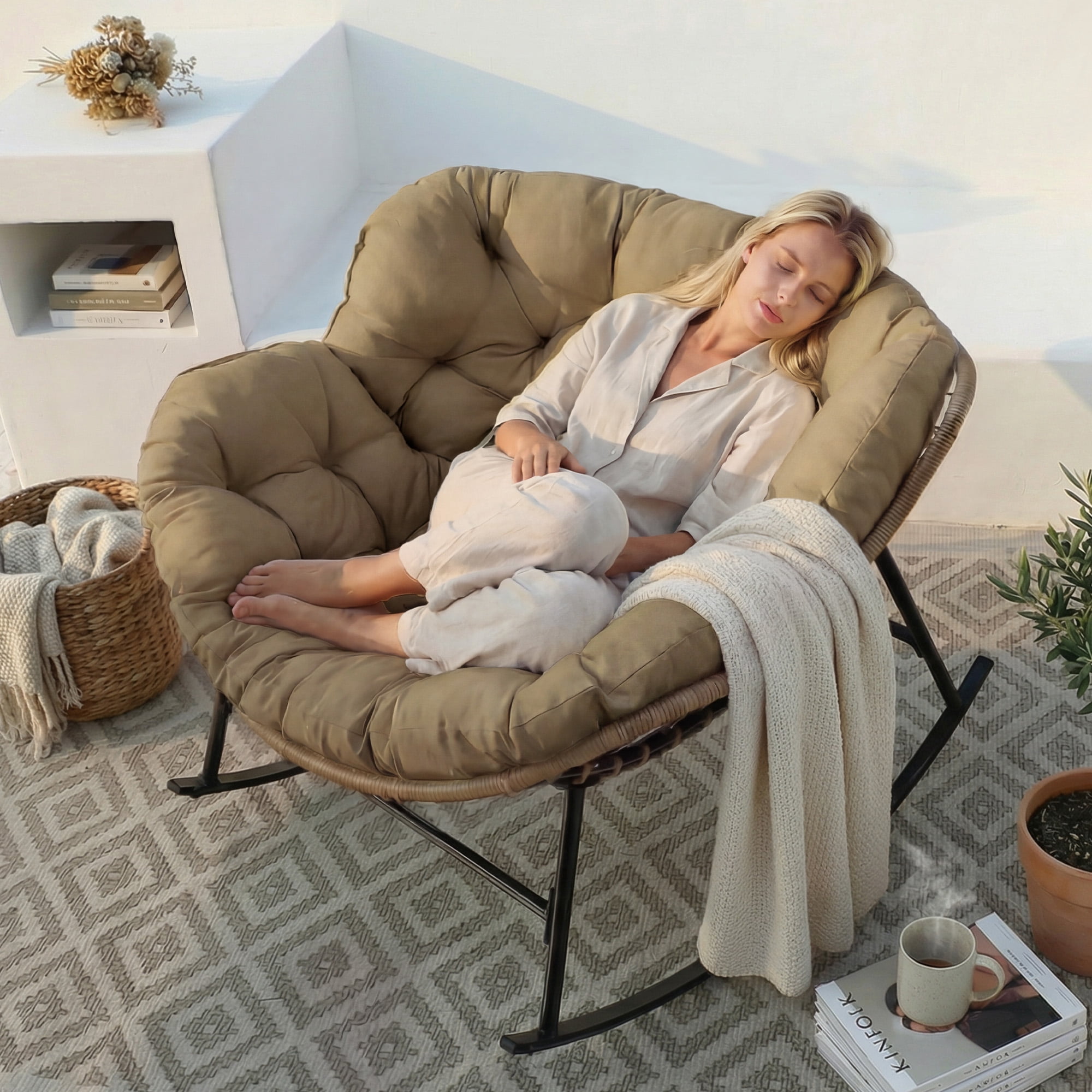 RADIATA Oversized Outdoor Papasan Rocking Chair, Heavy Duty Wicker Patio Rocking Chair with Cushion, 450lbs Capacity, Comfortable, Brown