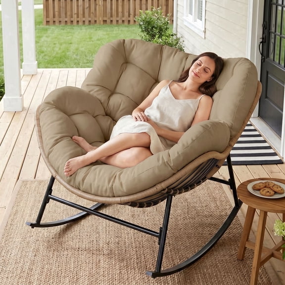 RADIATA Oversized Outdoor Papasan Rocking Chair, Indoor Outdoor Heavy Duty Wicker Patio Egg Rocking Chair with 5.1 Cushion, 450lbs Capacity, Brown
