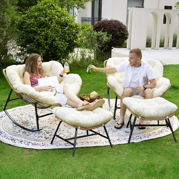 RADIATA Outdoor Indoor Papasan Rocking Chair with Ottomans 2PCS Oversized Wicker Royal Rocking Chair, Beige