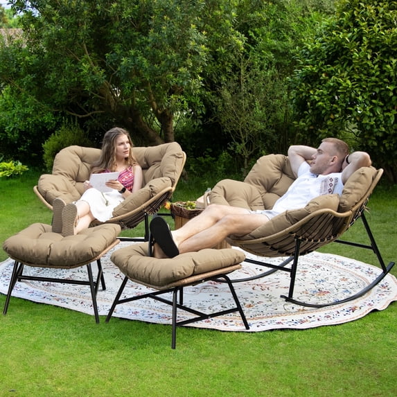 RADIATA Oversized Outdoor Papasan Rocking Chair with Ottoman Set of 2, Indoor Outdoor Heavy Duty Wicker Patio Egg Rocking Chair with 5.1 Cushion, 450lbs Capacity, Brown