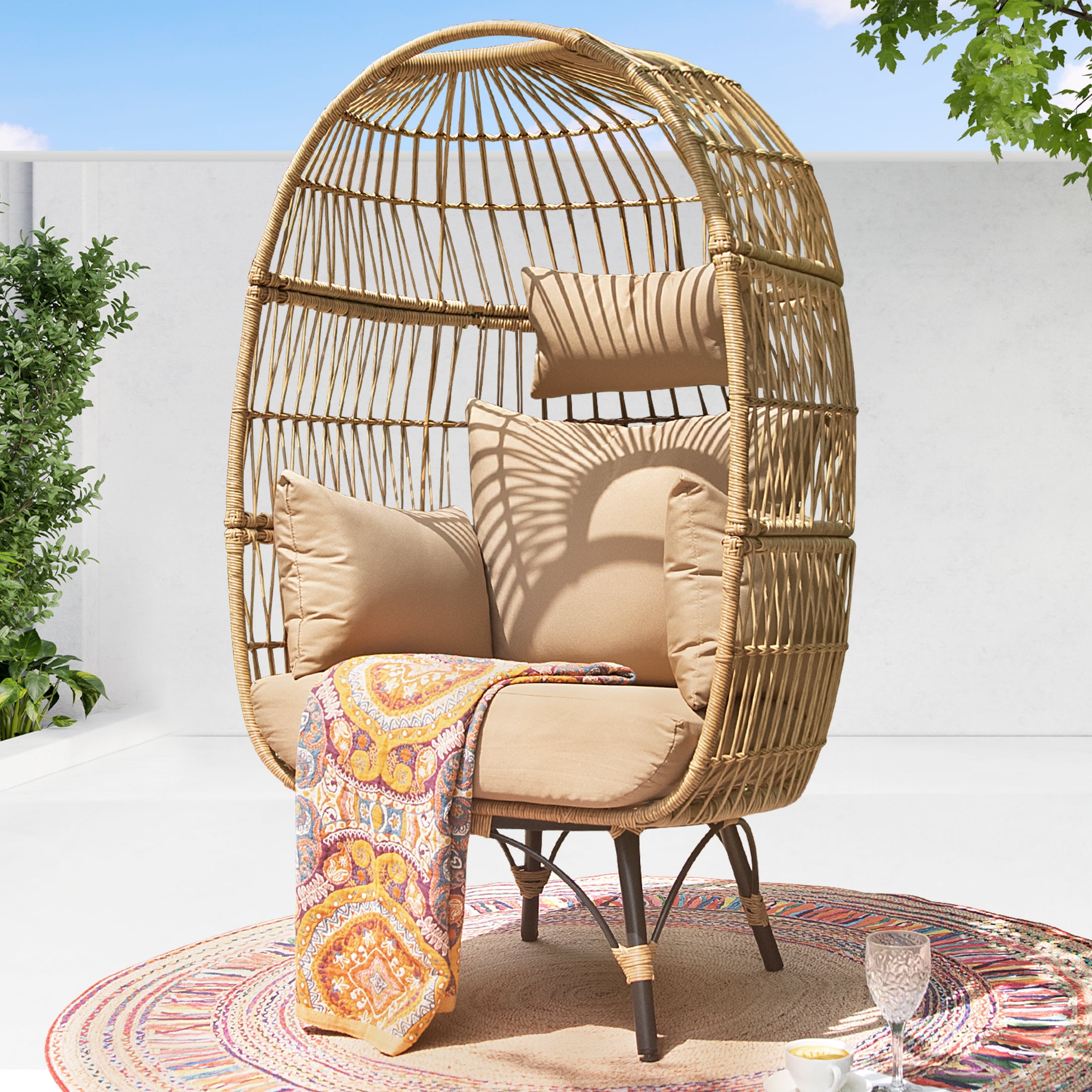 NICESOUL Outdoor Patio Lounge Chair Boho Stationary Wicker Yellow Egg Chair for Indoor Living Room 440lb Brown Cushion