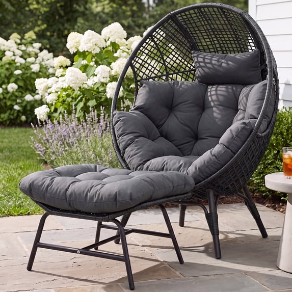 RADIATA Oversized Patio Egg Chair with Footrest, Dark Gray Rattan Outdoor Lounge Chair with Cushion