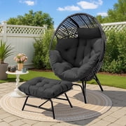 RADIATA Oversized Patio Egg Chair with Footrest, Dark Gray Rattan Outdoor Lounge Chair with Cushion