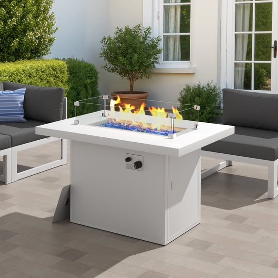 RADIATA 43" Aluminum Propane Fire Pit Table, 60,000 BTU Outdoor Gas Firepit, Rectangle CSA-Certified Patio Fireplace with Wind Guard & Glass Rocks, Rust-Proof White Fire Table for Deck Poolside