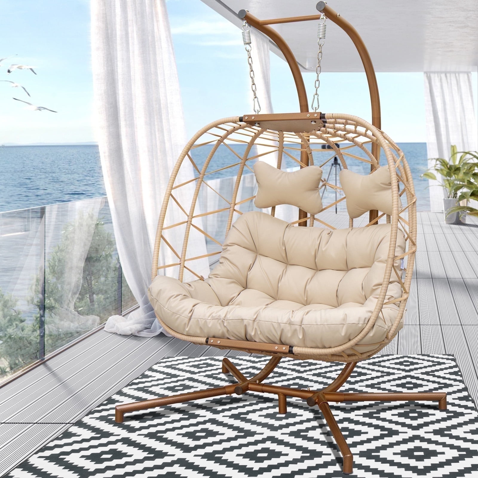 NICESOUL Indoor & Patio Rattan Double Swing Egg Chair with Stand for ...