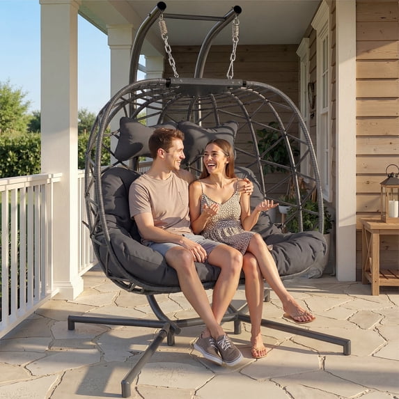 RADIATA Double Wicker Egg Swing Chair with Stand, 2-Person Hanging Egg Chair for Indoor/Outdoor, 700lbs Capacity, Thick Cushions & Headrest,Sturdy Metal Frame,Dark Gray