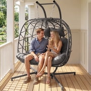 RADIATA Double Egg Swing Chair with Stand, Oversized 2 Person Indoor Outdoor Hanging Egg Chair, Wide Comfy Loveseat Porch Swing with 5 Thick Cushions & Headrest, 670 lb Capacity, Dark Gray