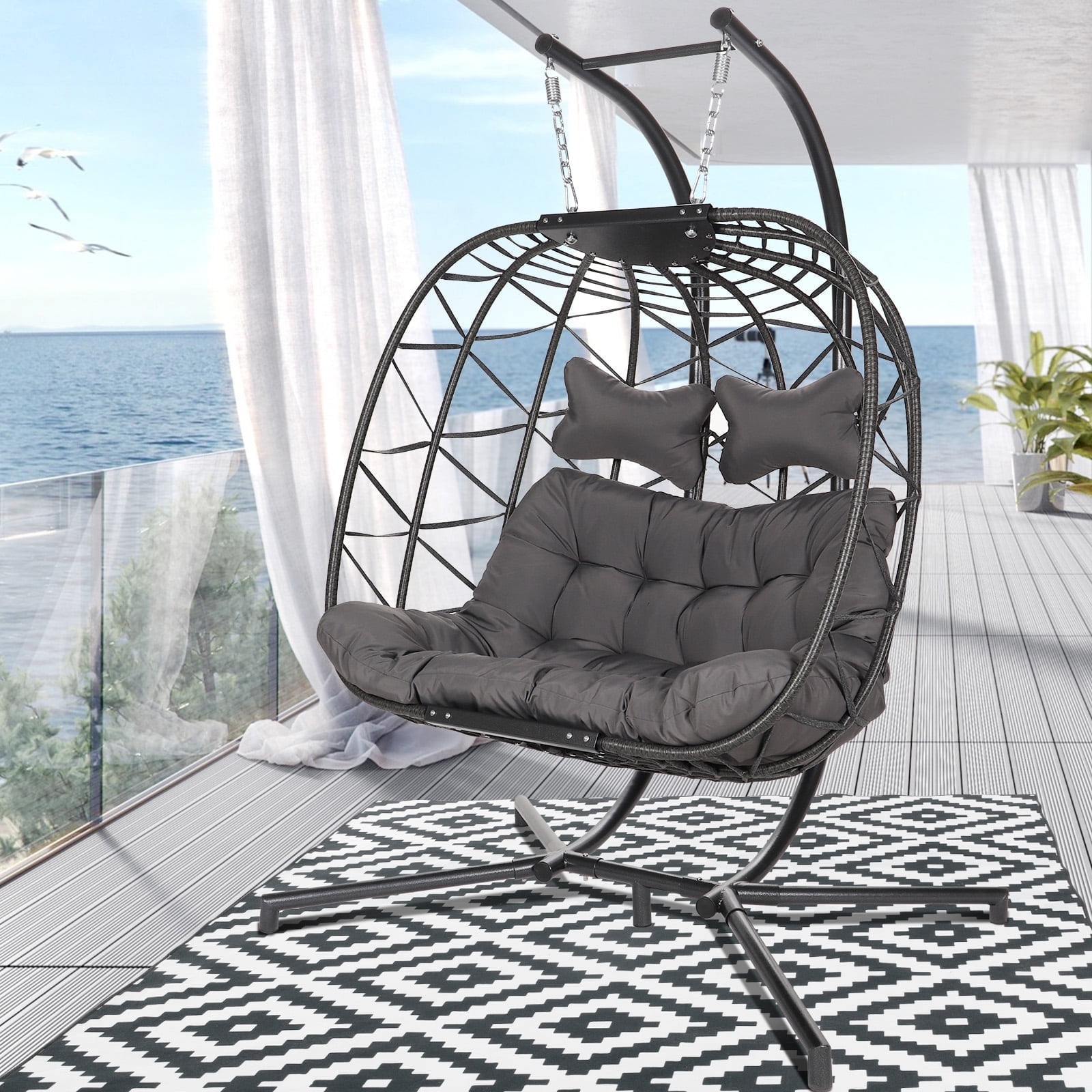 RADIATA Outdoor Rattan Double Hanging Swing Egg Chair with Stand Gray Color 700 lbs Max. (Black)