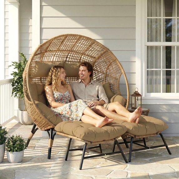 RADIATA Double Egg Chair Outdoor, Patio Oversized Egg Chair with Footrests, Wicker Basket Chair for Porch or Garden, Brown