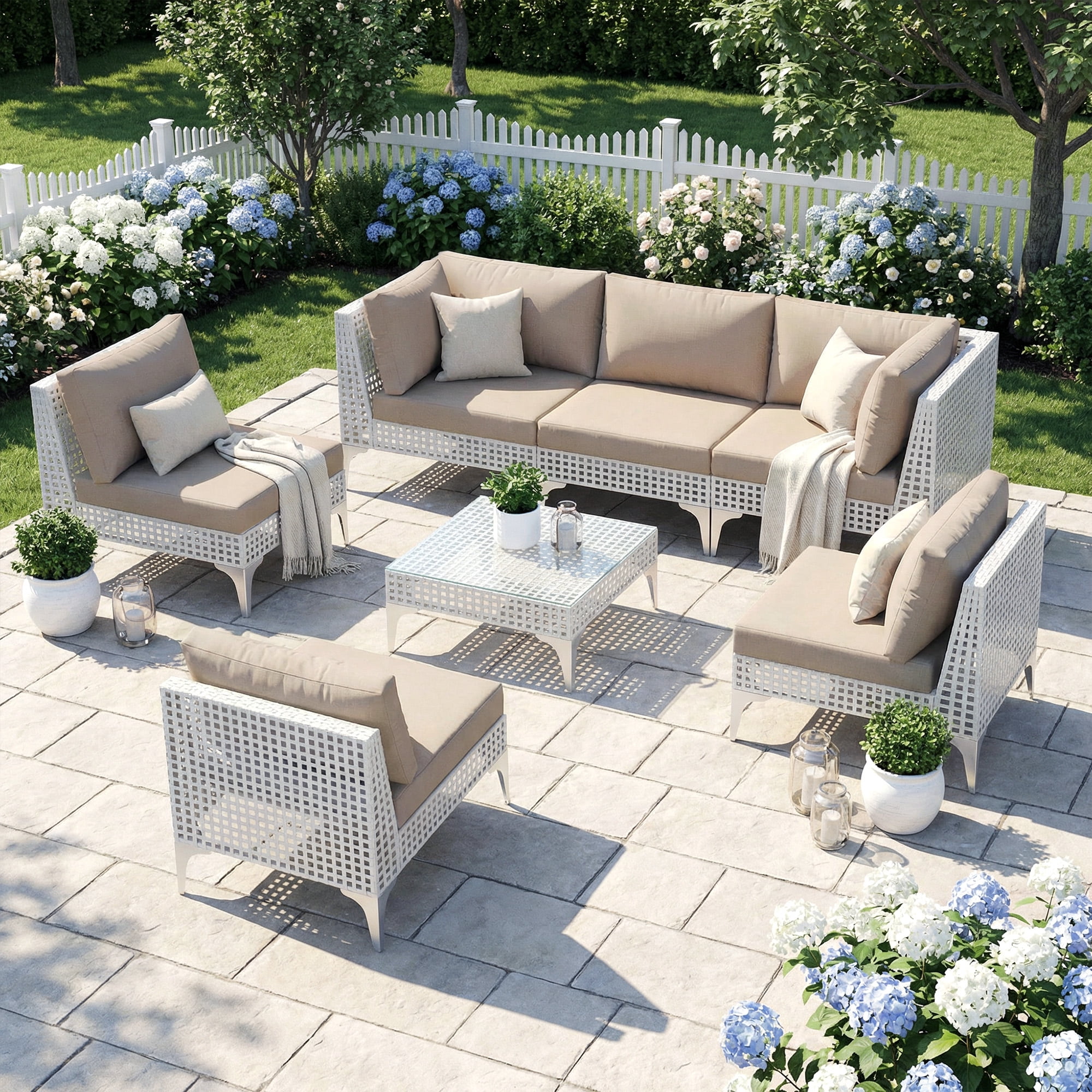 RADIATA Outdoor BOHO Furniture Set | All-Weather PE Wicker Patio Conversation Set | Modular Outdoor Sectional BOHO Sofa with Coffee Table | White Wicker Sectional Sofa with Beige Cushion
