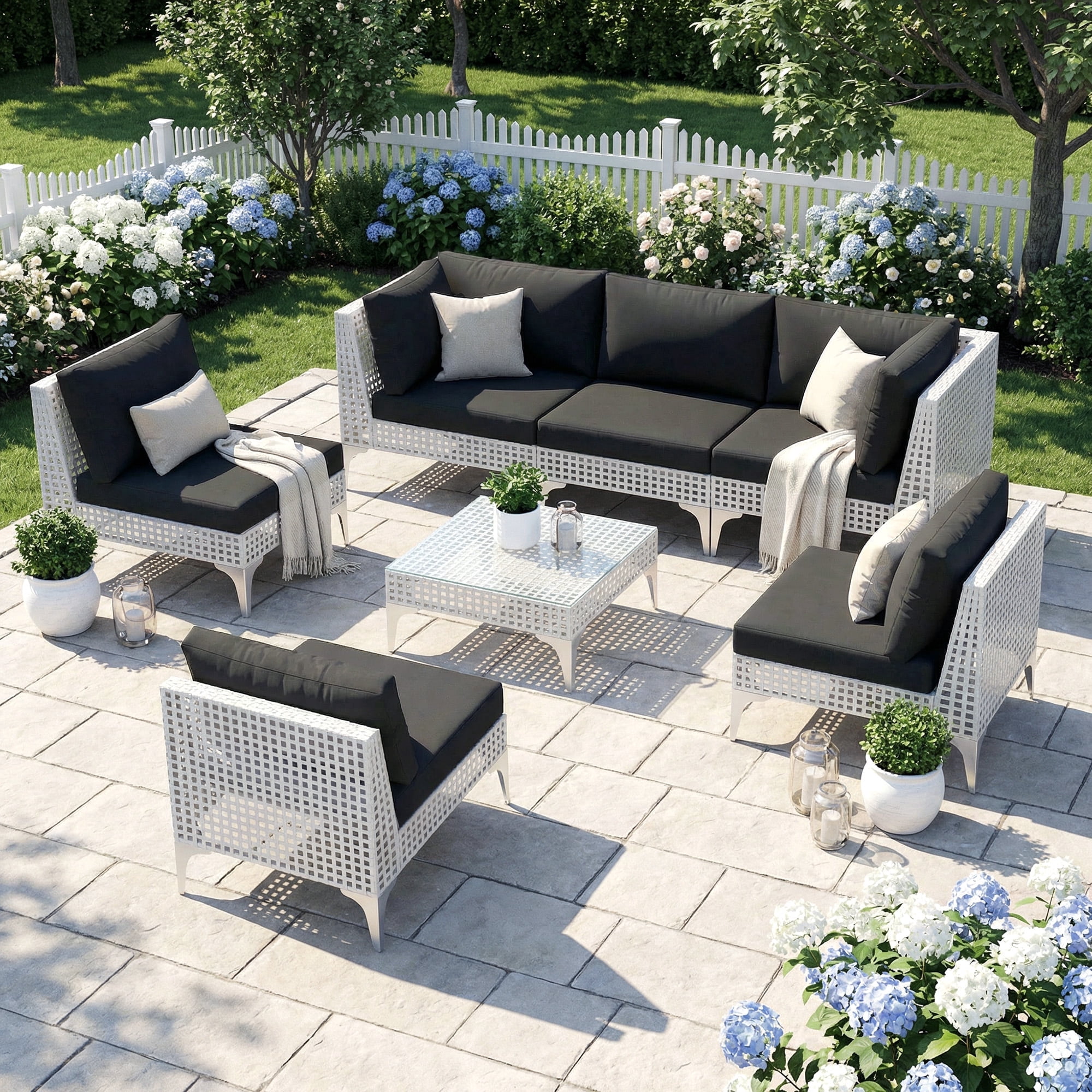 RADIATA 6Pcs Patio Boho Furniture Sofa Sets with Black Cushions , All-Weather White PE Wicker Outdoor Conversation Sets for Backyard, Deck, Poolside, Porch ,  Patio Sofa Sectional