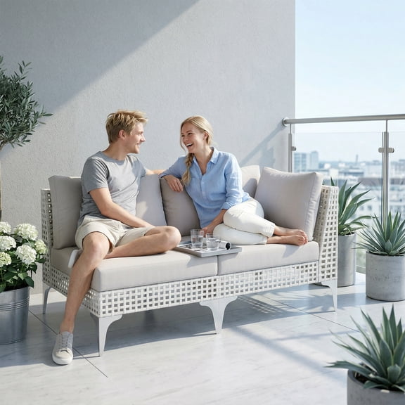 RADIATA 2Pcs Patio Boho Furniture Sofa Sets with Dark Gray Cushions , All-Weather White PE Wicker Outdoor Conversation Sets for Backyard, Deck, Poolside, Patio Sofa Sectional