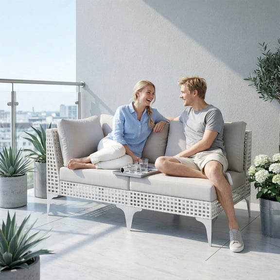 RADIATA 2Pcs Patio Boho Furniture Sofa Sets with Dark Gray Cushions , All-Weather White PE Wicker Outdoor Conversation Sets for Backyard, Deck, Poolside, Patio Sofa Sectional