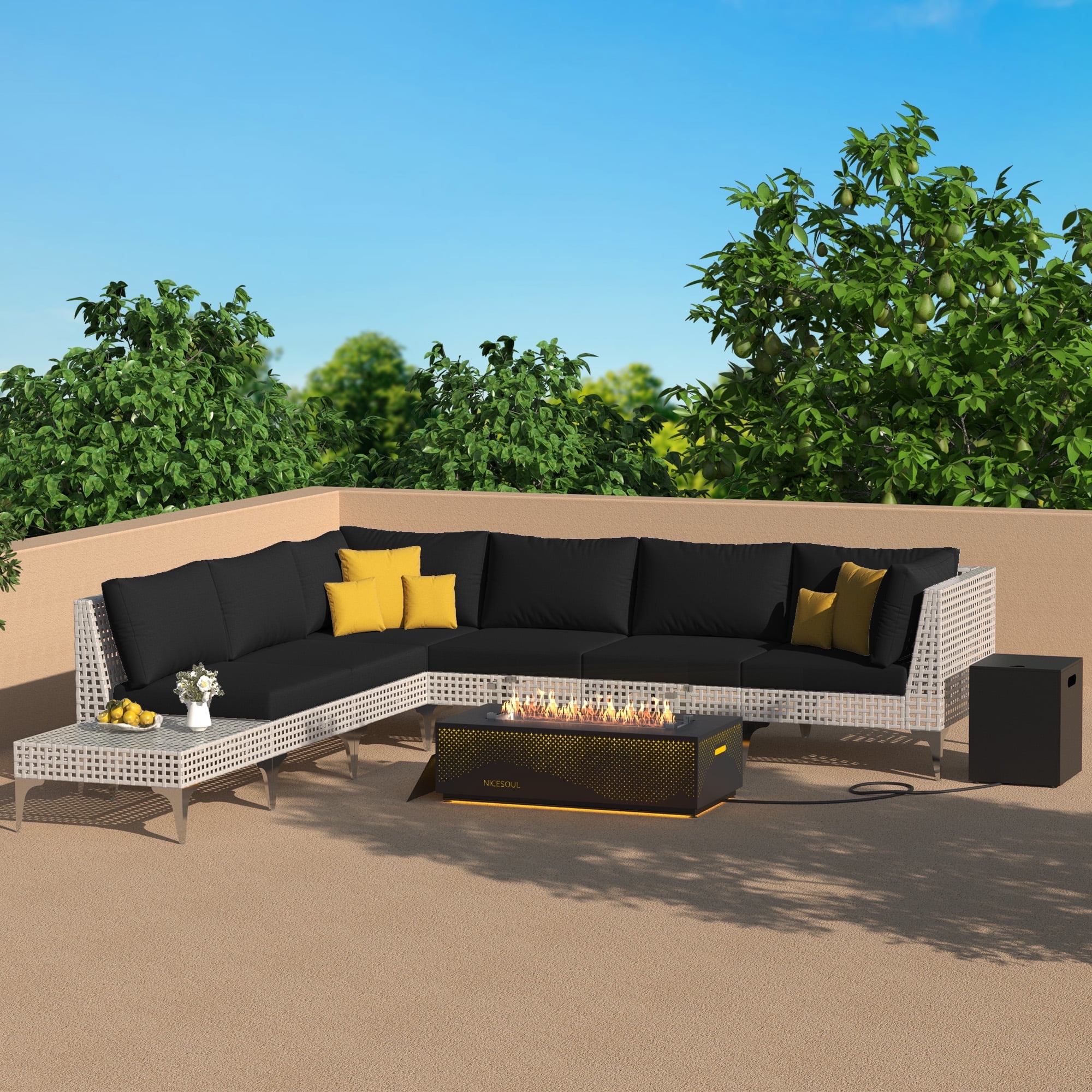 The Coupon deal of  RADIATA Outdoor Patio Furniture Set, PE Wicker Sectional Sofa with Coffee Table and Fire Pit Table, Black