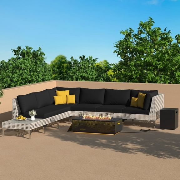 RADIATA Outdoor Patio Furniture Set, PE Wicker Sectional Sofa with Coffee Table and Fire Pit Table, Black