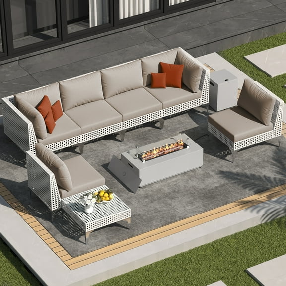 RADIATA Patio Furniture Set, All-Weather PE Wicker Patio Conversation Set for Backyard Deck Poolside Porch, Outdoor Sectional Sofa with Coffee Table & Fire Pit Table,Beige