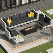 RADIATA Outdoor PE Wicker Sectional Patio Set with Fire Pit Table and Coffee Table, 9-Piece Conversation Sofa, Dark Gray