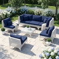 thumbnail image 1 of RADIATA Outdoor BOHO Furniture Set | All-Weather PE Wicker Patio Conversation Set | Modular Outdoor Sectional BOHO Sofa with Coffee Table | White Wicker Sectional Sofa with Navy Blue Cushion, 1 of 9