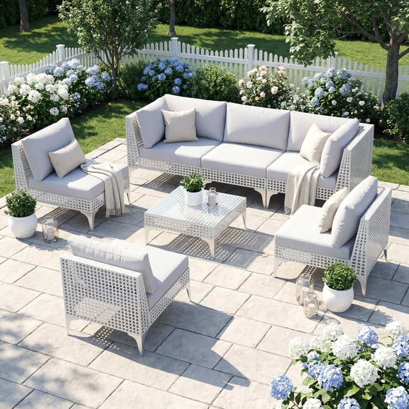 RADIATA 7Pcs Patio Boho Furniture Sofa Sets with Light Gray Cushions , All-Weather White PE Wicker Outdoor Conversation Sets for Backyard, Deck, Patio Sofa Sectional with Coffee Table