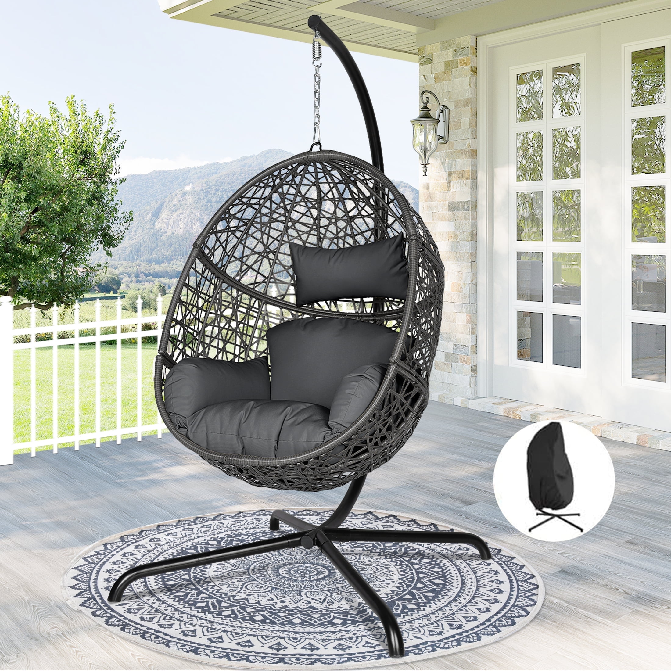 Outdoor Patio Large Egg Nest Swing Chair with Stand and Cover Black Rattan Frame Dark Gray Cushion