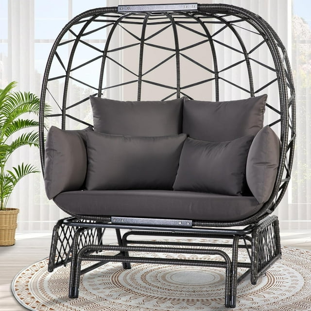 NICESOUL Patio Oversized Gray Wicker Glider Egg Chair with Legs for Two