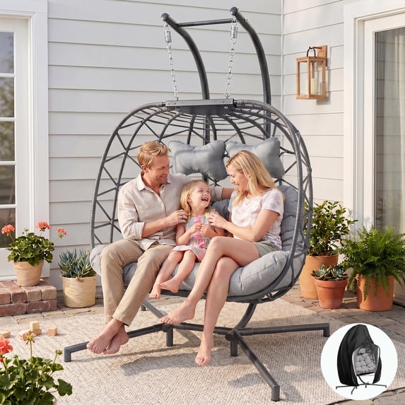 RADIATA Double Egg Chair with Stand, 2 Person Egg Chair Outdoor Swing for Patio Garden, Handwoven Wicker Swing Egg Chair with 5-Inch Thick Cushion & Cover, 670lbs Capacity, Light Gray