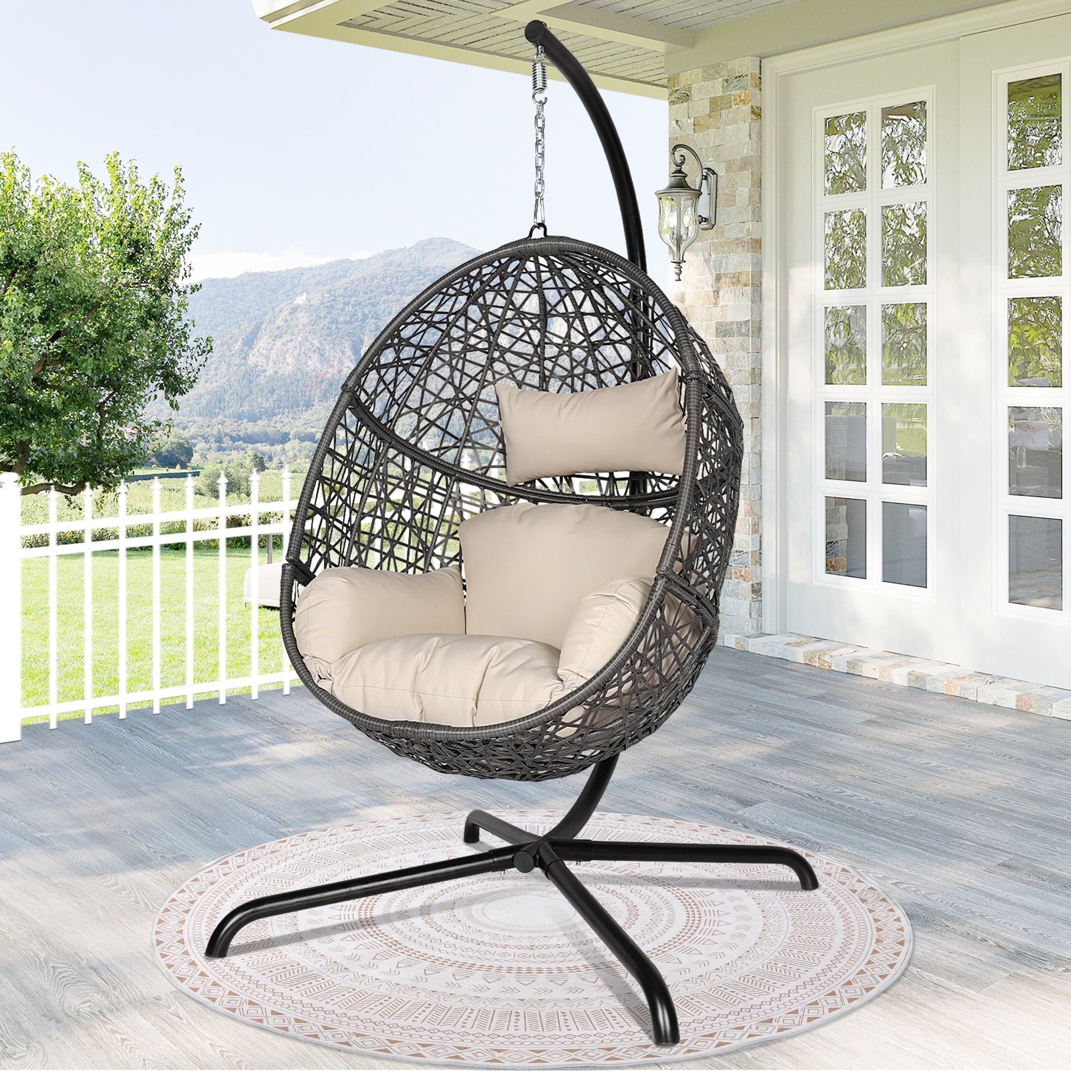 Ulax Furniture Indoor Outdoor Wicker Hanging Basket Swing Chair Tear Drop Egg Chair with Cushion and Stand Beige Walmart