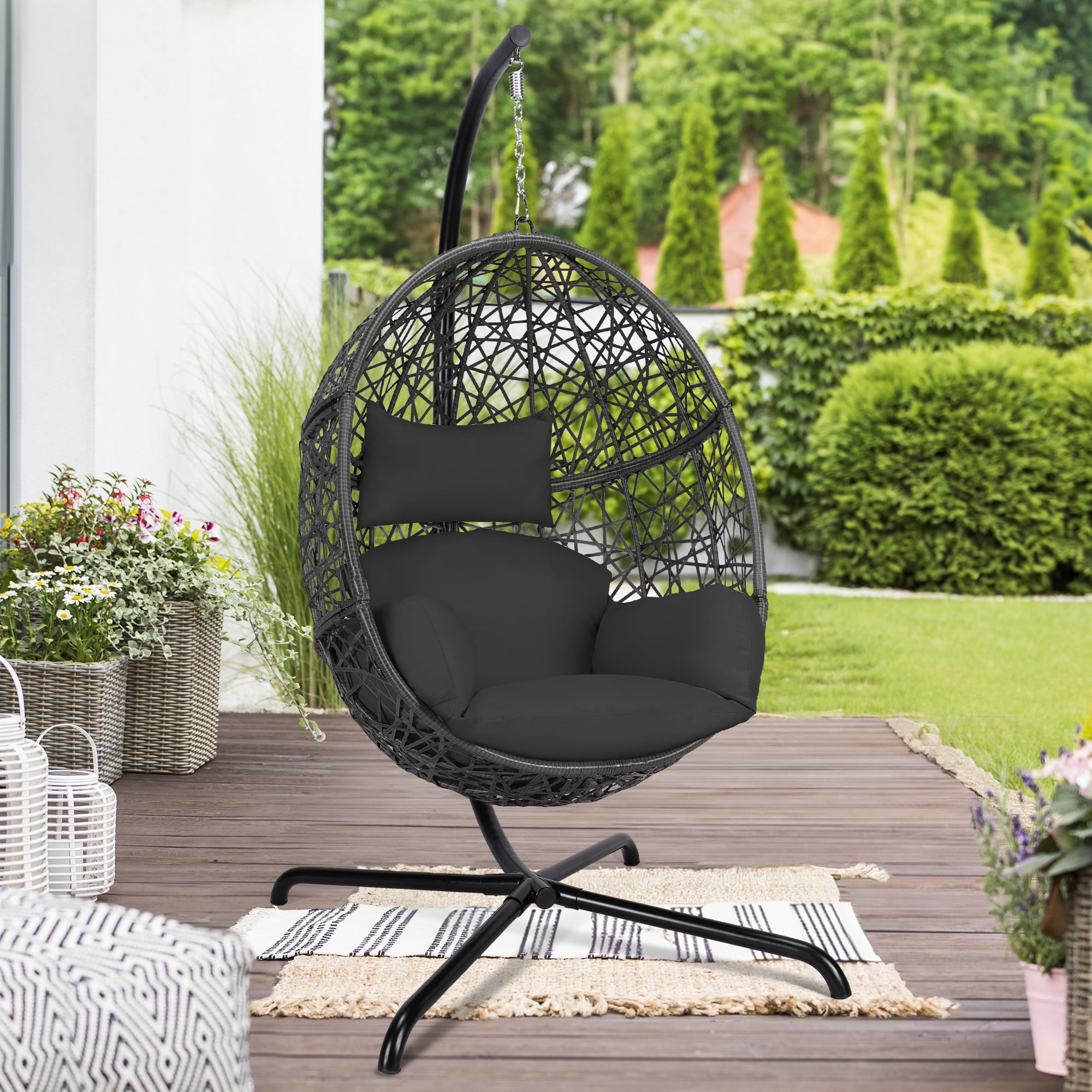NICESOUL Indoor/Outdoor Rattan Swing Egg Chair with Sturdy Frame & Comfortable Cushion, Weather ...