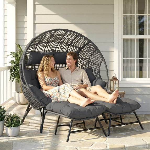 RADIATA Water Resistant Steel Double Egg Chair with Ottomans and Footrests, Gray