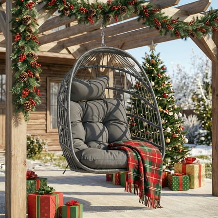 RADIATA Foldable Hanging Egg Chair Without Stand, Dark Gray Wicker Rattan Swing Hammock Chair with Cushion and Pillow, Indoor Outdoor Egg Chair for Bedroom Patio Garden, 350 lbs Capacity