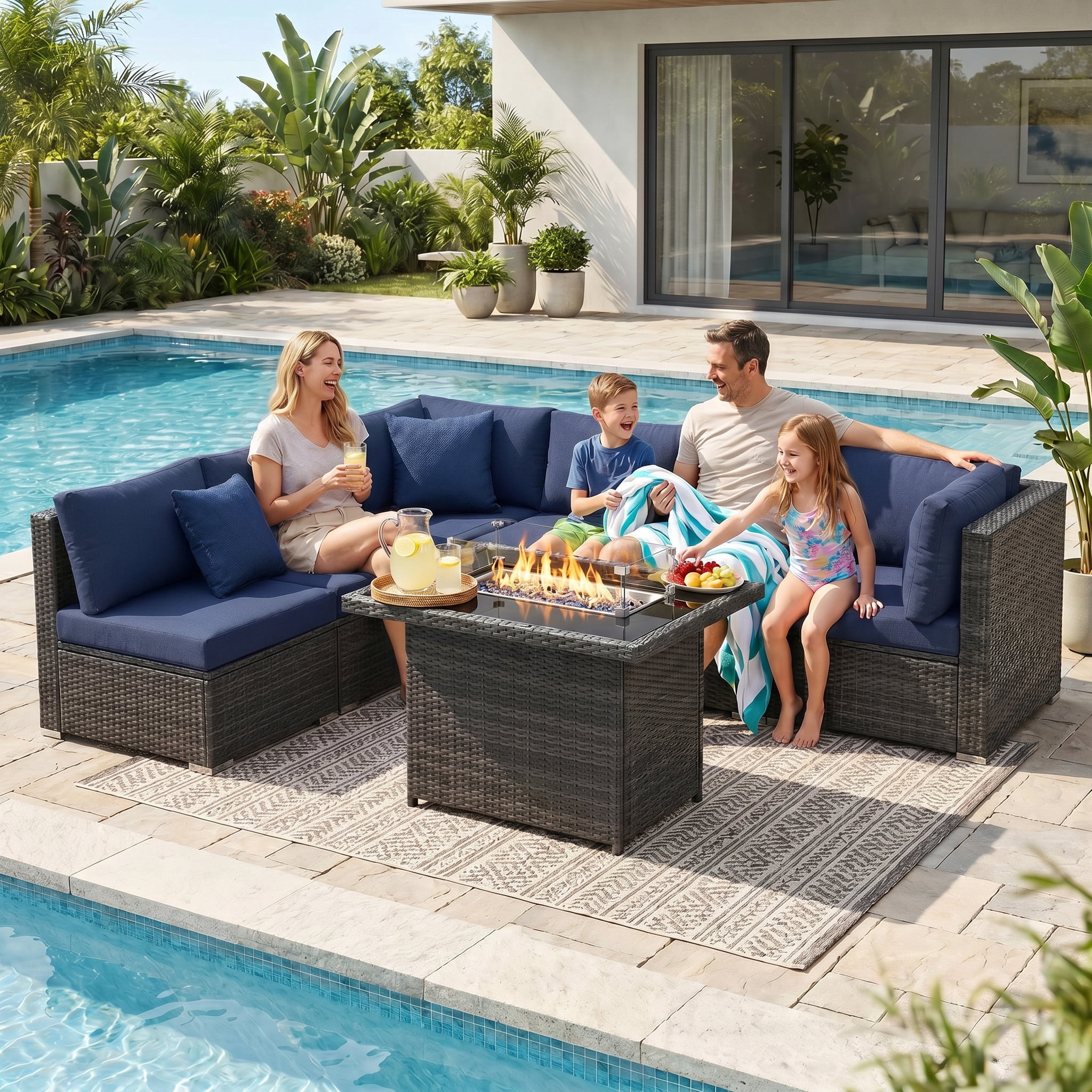 RADIATA 7-Piece Patio Furniture Set with Fire Pit Table, Outdoor Sectional with Fire Pit Table, Patio Couch Set with Fire Pit Table, Patio Furniture Set Outdoor Sectionals,Gray/Navy