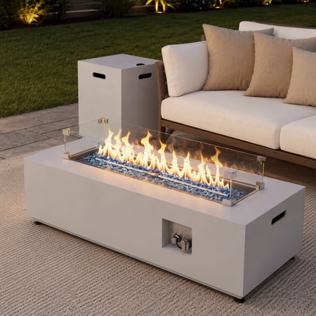 RADIATA 42” Rectangle Fire Pit Table, Dual Fuel Propane & Natural Gas Outdoor Firepit with Tank Table, 50000 BTU, Light Gray